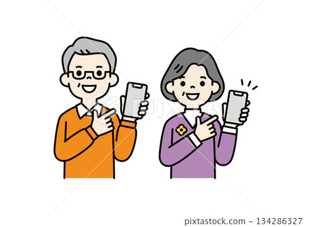 一組六、七十歲男女的上半身向量插圖素材,他們正指向智慧型手機螢幕(彩色)。 一組六、七十歲男女的上半身向量插圖素材,他們正指向智慧型手機螢幕(彩色)。 134286327