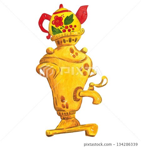 Watercolor illustration of a samovar with a teapot on it. The illustration is hand-drawn in a cartoon style. Drawing for stickers, prints, posters, scrapbooking. Kitchen, tea drinking, tradition 134286339