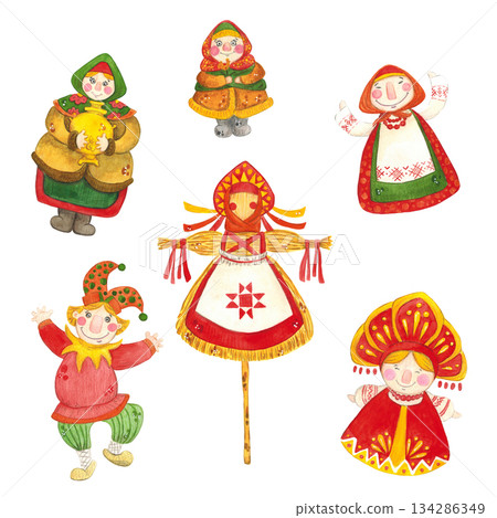 A set of bright characters for the Maslenitsa holiday. Watercolor illustration hand drawn in cartoon style. Maslenitsa, bright, cartoon, doll, ribbons, costume, sun, carnival, scamaroch, woman, child A set of bright characters for the Maslenitsa holiday. Watercolor illustration hand drawn in cartoon style. Maslenitsa, bright, cartoon, doll, ribbons, costume, sun, carnival, scamaroch, woman, child 134286349