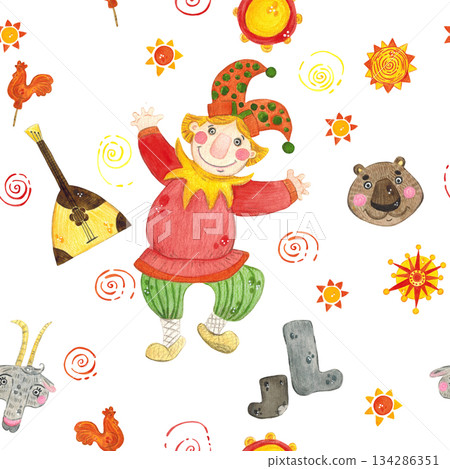 Seamless pattern for the holiday of Maslenitsa, folk festivals. Watercolor illustration hand drawn in children's style. Drawing for textiles, paper, cards, report 134286351