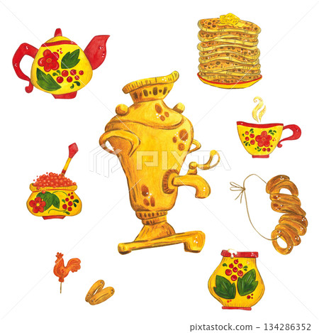 A set of isolated pictures for the Maslenitsa holiday. Samovar, pancakes, kurzhki, caviar, bagels, kettle. Watercolor illustration hand drawn in cartoon style. Maslenitsa, party, masquerade, carnival 134286352
