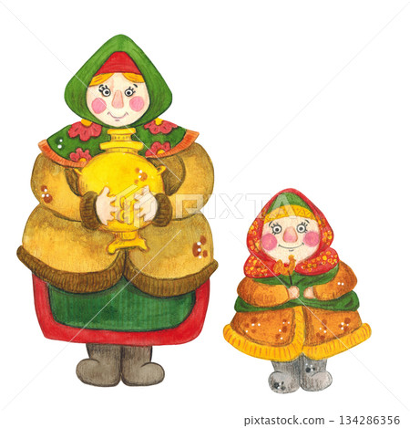 Set for the Maslenitsa holiday, a woman with a samovar and a child. Hand drawn watercolor illustration. Maslenitsa holiday, Shrovetide, carnival, Maslenitsa, Mardi Gras, Shrove Tuesday, pancake week Set for the Maslenitsa holiday, a woman with a samovar and a child. Hand drawn watercolor illustration. Maslenitsa holiday, Shrovetide, carnival, Maslenitsa, Mardi Gras, Shrove Tuesday, pancake week 134286356