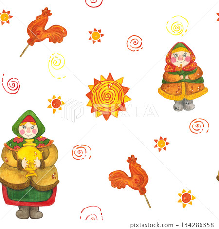 Watercolor pattern for the Maslenitsa holiday consisting of the sun, a woman, a child. Watercolor illustration hand drawn in cartoon style. Holiday, Maslenitsa, party, masquerade, carnival, report Watercolor pattern for the Maslenitsa holiday consisting of the sun, a woman, a child. Watercolor illustration hand drawn in cartoon style. Holiday, Maslenitsa, party, masquerade, carnival, report 134286358