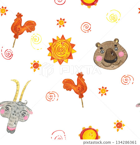 Seamless pattern for the holiday of Maslenitsa, folk festivals. Watercolor illustration hand drawn in children's style. Drawing for textiles, paper, cards, report Seamless pattern for the holiday of Maslenitsa, folk festivals. Watercolor illustration hand drawn in children's style. Drawing for textiles, paper, cards, report 134286361