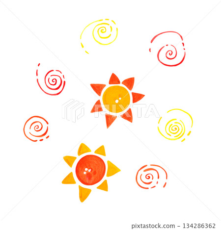 A set of elements for decorating a holiday card, including swirls and a sun. Hand-drawn watercolor illustration. Design for scrapbooking and stickers. Holiday decor A set of elements for decorating a holiday card, including swirls and a sun. Hand-drawn watercolor illustration. Design for scrapbooking and stickers. Holiday decor 134286362