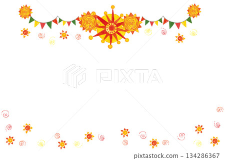 Horizontal holiday frame made of flags, garlands, suns, banner for text. Hand drawn watercolor illustration. Maslenitsa holiday, Shrovetide, carnival, Maslenitsa, Mardi Gras, Shrove Tuesday 134286367