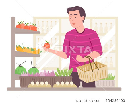 Young Man Picking Fresh Fruit and Vegetable at Grocery Shop in Convenience Store for Supermarket and Urban Shopping Lifestyle Concept Illustration Young Man Picking Fresh Fruit and Vegetable at Grocery Shop in Convenience Store for Supermarket and Urban Shopping Lifestyle Concept Illustration 134286400