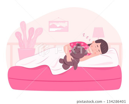 Cute Kid Girl Hugging Teddy Bear and Sleeping in Bed in Bedroom for Healthcare Concept Illustration 134286401