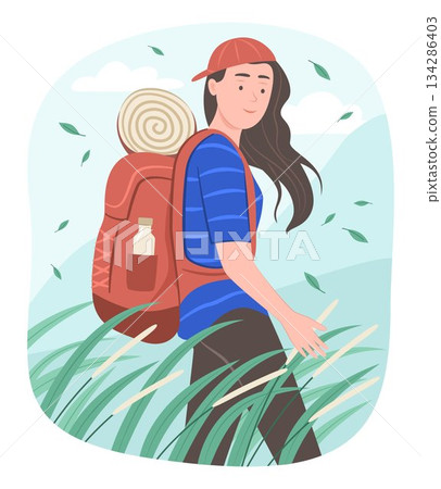 Backpacker Traveler Woman Hiking in Meadow and Looking Grass Flowers on the Way for Outdoor Adventure Recreation Activity and Travel Concept Illustration 134286403