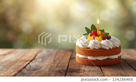 桌上放著一個完整的蛋糕。 134286468