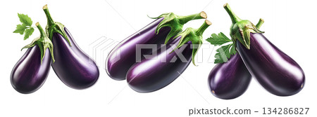 Fresh eggplants with leaves, isolated on white transparent background, concept of healthy eating. Fresh eggplants with leaves, isolated on white transparent background, concept of healthy eating. 134286827