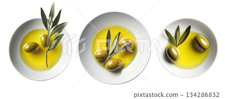 Green olives on a white plate with leaves, isolated on white transparent background, concept of healthy eating. Green olives on a white plate with leaves, isolated on white transparent background, concept of healthy eating. 134286832