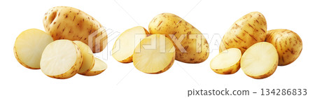 Potato with skin imperfections, isolated on white transparent background, concept of natural produce. Potato with skin imperfections, isolated on white transparent background, concept of natural produce. 134286833
