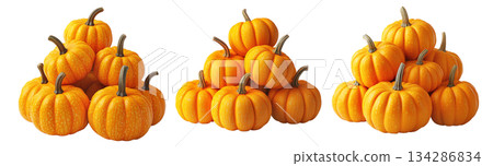 A pyramid arrangement of bright yellow pumpkins with brown stems isolated on white transparent background. Symbolizing autumn, harvest, and seasonal decoration A pyramid arrangement of bright yellow pumpkins with brown stems isolated on white transparent background. Symbolizing autumn, harvest, and seasonal decoration 134286834