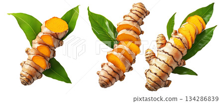 Turmeric root with sliced pieces and green leaves isolated on white transparent background. Concept of freshness and health benefits 134286839