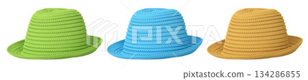 Set of woven straw hats shown from different angles isolated on white background, showcasing summer fashion accessories Set of woven straw hats shown from different angles isolated on white background, showcasing summer fashion accessories 134286855