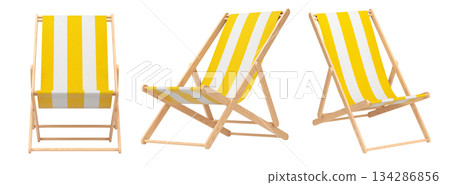 Set of striped beach chairs for summer getaways isolated on white background. Set of striped beach chairs for summer getaways isolated on white background. 134286856