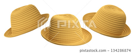Set of woven straw hats shown from different angles isolated on white background, showcasing summer fashion accessories 134286874