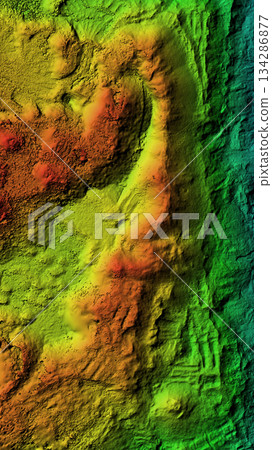 Infrared gradient map with silhouette of high mountains. 3D relief map. Digital terrain model 134286877