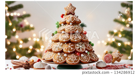 Gingerbread-themed Christmas tree with cookie ornaments, frosting accents, candy garlands, and warm cozy lighting Gingerbread-themed Christmas tree with cookie ornaments, frosting accents, candy garlands, and warm cozy lighting 134286912