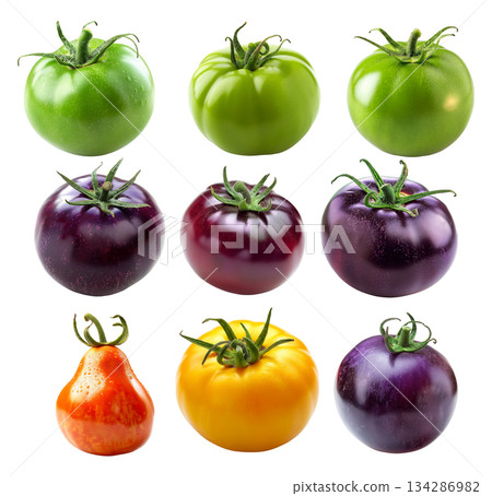 Purple, green and yellow tomato with a green stem isolated on a white background 134286982