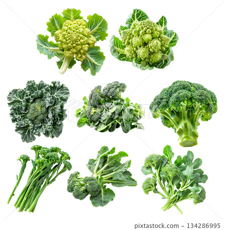 Set of Baby broccoli floret with green leaves, isolated on a white background Set of Baby broccoli floret with green leaves, isolated on a white background 134286995