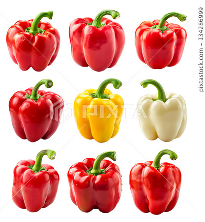 Set of Red bell pepper with green stem isolated on a white background 134286999