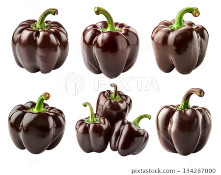Set of Dark purple chocolate bell pepper with green stem isolated on a white background Set of Dark purple chocolate bell pepper with green stem isolated on a white background 134287000