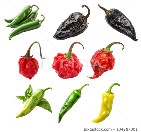 Set of Red Carolina Reaper, Black chipotle or Ancho chili pepper isolated on a white background 134287001