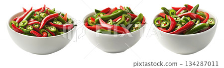 Bowl of sliced red and green chili peppers, isolated on a white transparent background. Spicy food and cooking ingredient concept 134287011