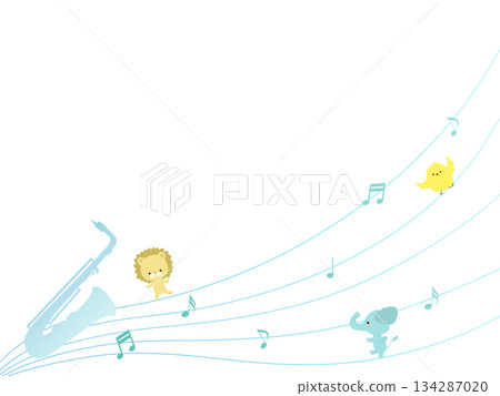 Saxophone, musical notes and animals illustration Saxophone, musical notes and animals illustration 134287020