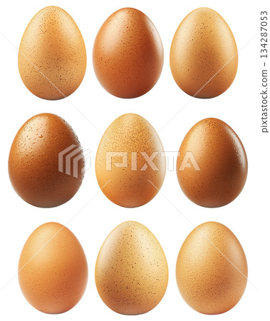 Speckled egg with natural pattern and smooth surface, isolated on white transparent background. 134287053