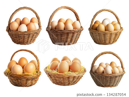 Wicker basket filled with fresh brown eggs resting on straw, isolated on white transparent background. 134287054
