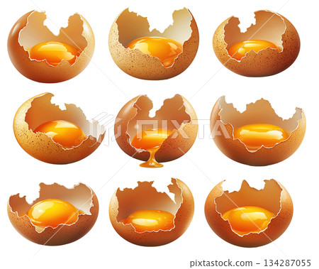 Close-up of cracked brown egg with yolk inside eggshell, isolated on white transparent background. 134287055