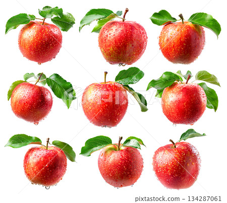 Set of red apple with dew drops and leaves isolated on white background Set of red apple with dew drops and leaves isolated on white background 134287061