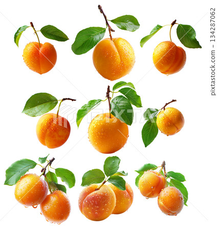 Set  of ripe apricot with dew drops and leaves isolated on white background 134287062