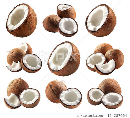 Set of coconut, halved coconut and slice showing white flesh texture isolated on white transparent background. 134287064