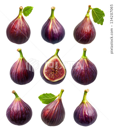 Set of fresh fig and halved fig showing its vibrant interior with green leaf isolated on white transparent background 134287065