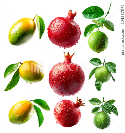 Ripe mango, lime and pomegranate with green leaves and water drops isolated on white transparent background Ripe mango, lime and pomegranate with green leaves and water drops isolated on white transparent background 134287072