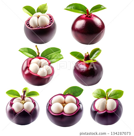 Set of mangosteen fruit cut open, showcasing white pulp and green leaves, isolated on white transparent background Set of mangosteen fruit cut open, showcasing white pulp and green leaves, isolated on white transparent background 134287073