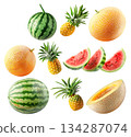 Set of pineapple, watermelon and cantaloupe melon with green leaves isolated on white background 134287074