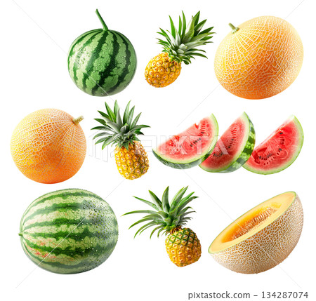 Set of pineapple, watermelon and cantaloupe melon with green leaves isolated on white background Set of pineapple, watermelon and cantaloupe melon with green leaves isolated on white background 134287074
