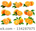 Set of orange, juicy orange half, and vibrant green leaf isolated on white transparent background. 134287075