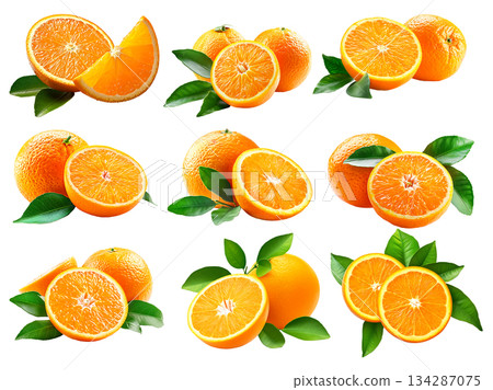 Set of orange, juicy orange half, and vibrant green leaf isolated on white transparent background. Set of orange, juicy orange half, and vibrant green leaf isolated on white transparent background. 134287075