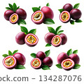 Set of passion fruit with vibrant seeds, green leaves, isolated on white transparent background. 134287076