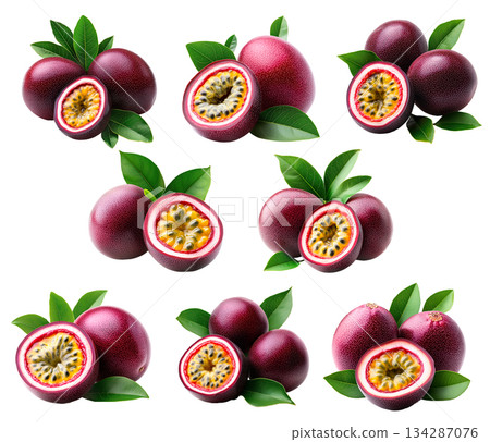 Set of passion fruit with vibrant seeds, green leaves, isolated on white transparent background. Set of passion fruit with vibrant seeds, green leaves, isolated on white transparent background. 134287076