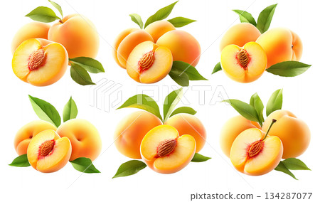 Set of peach with juicy slices and green leaves isolated on white transparent background, concept of fresh fruit 134287077