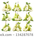 Set of ripe pear and sliced half with visible seeds and green leaf isolated on white transparent background 134287078