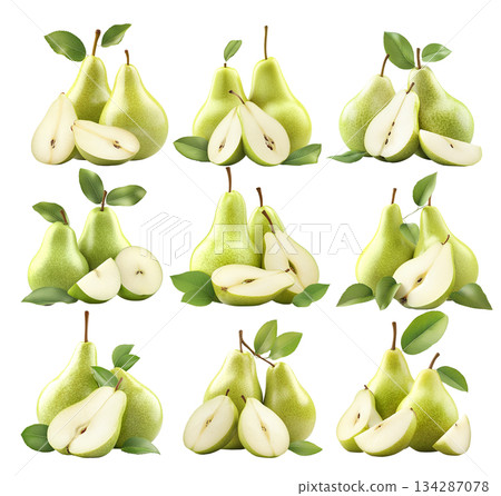 Set of ripe pear and sliced half with visible seeds and green leaf isolated on white transparent background Set of ripe pear and sliced half with visible seeds and green leaf isolated on white transparent background 134287078