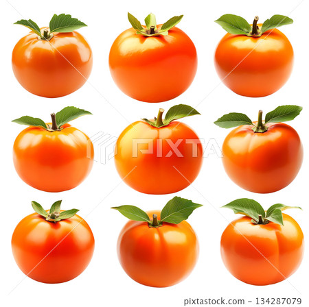 Set of orange persimmon with a green leaf, isolated on white transparent background. Healthy food concepts Set of orange persimmon with a green leaf, isolated on white transparent background. Healthy food concepts 134287079